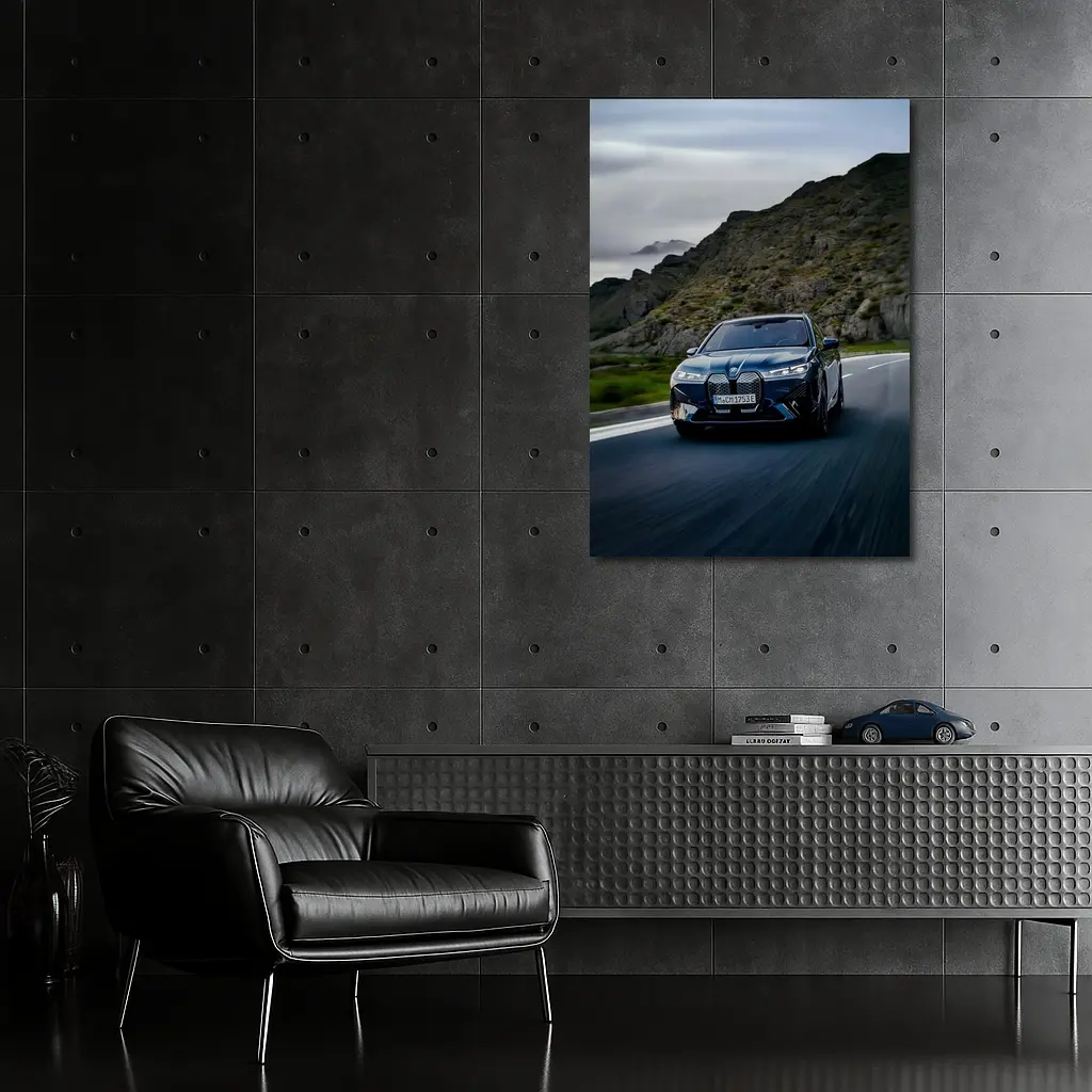 BMW iX Driving Mountain Road Blue – Wall Art