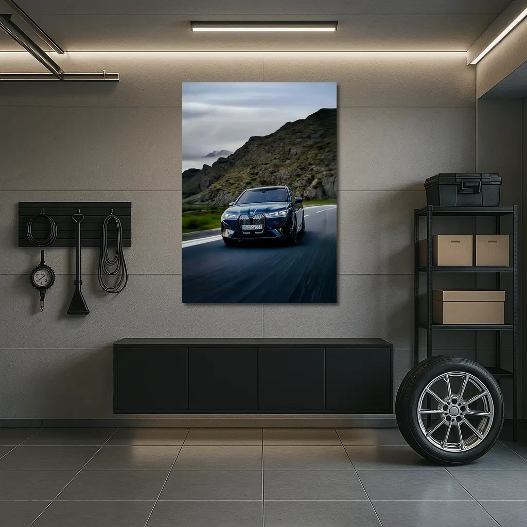 BMW iX Driving Mountain Road Blue – Wall Art