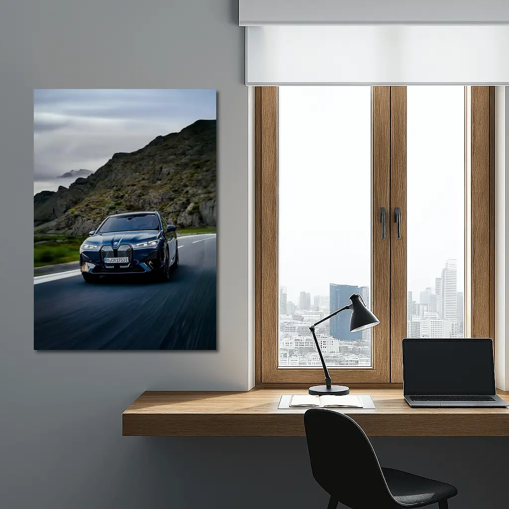 BMW iX Driving Mountain Road Blue – Wall Art