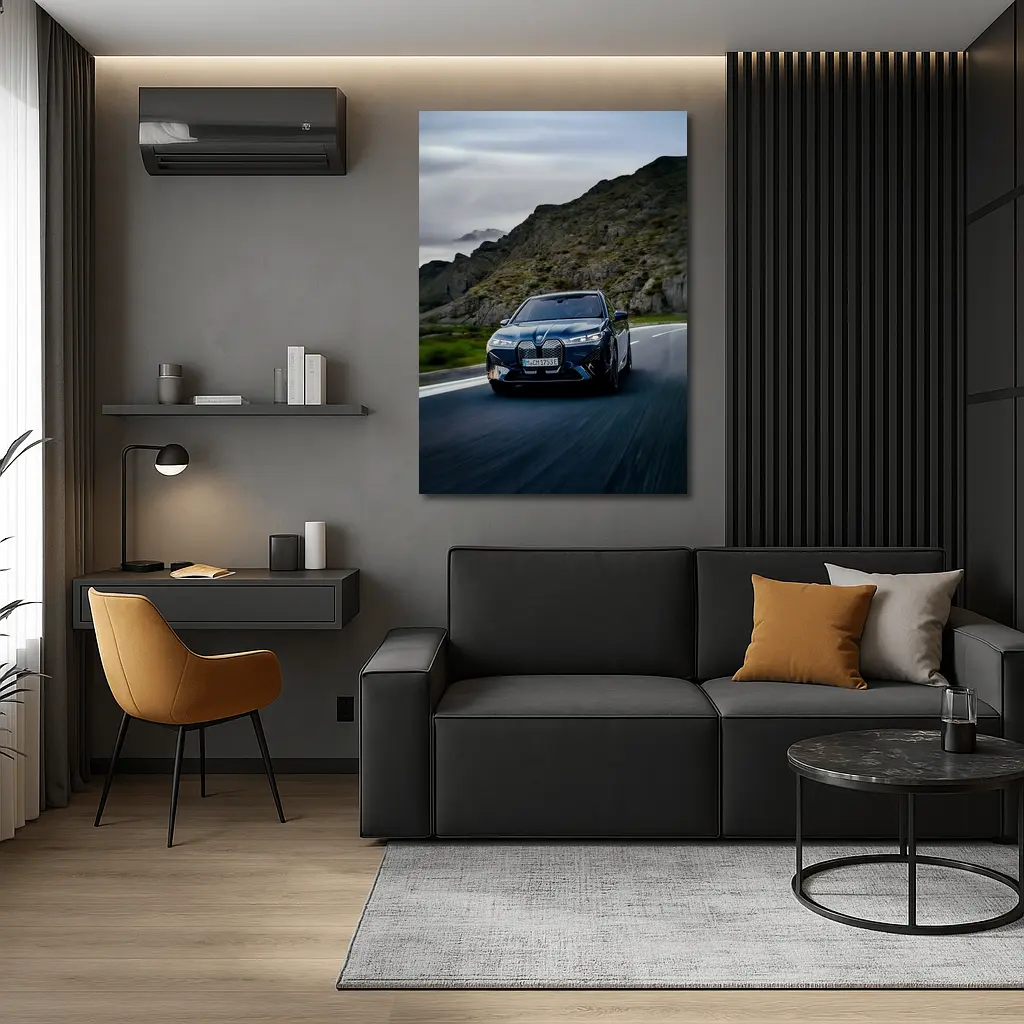 BMW iX Driving Mountain Road Blue – Wall Art