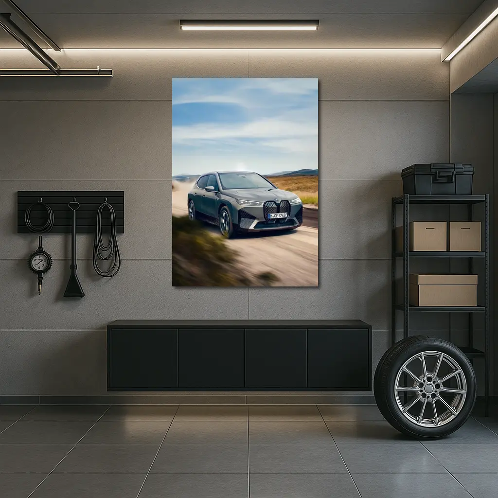 BMW iX Driving Dusty Desert Road – Wall Art