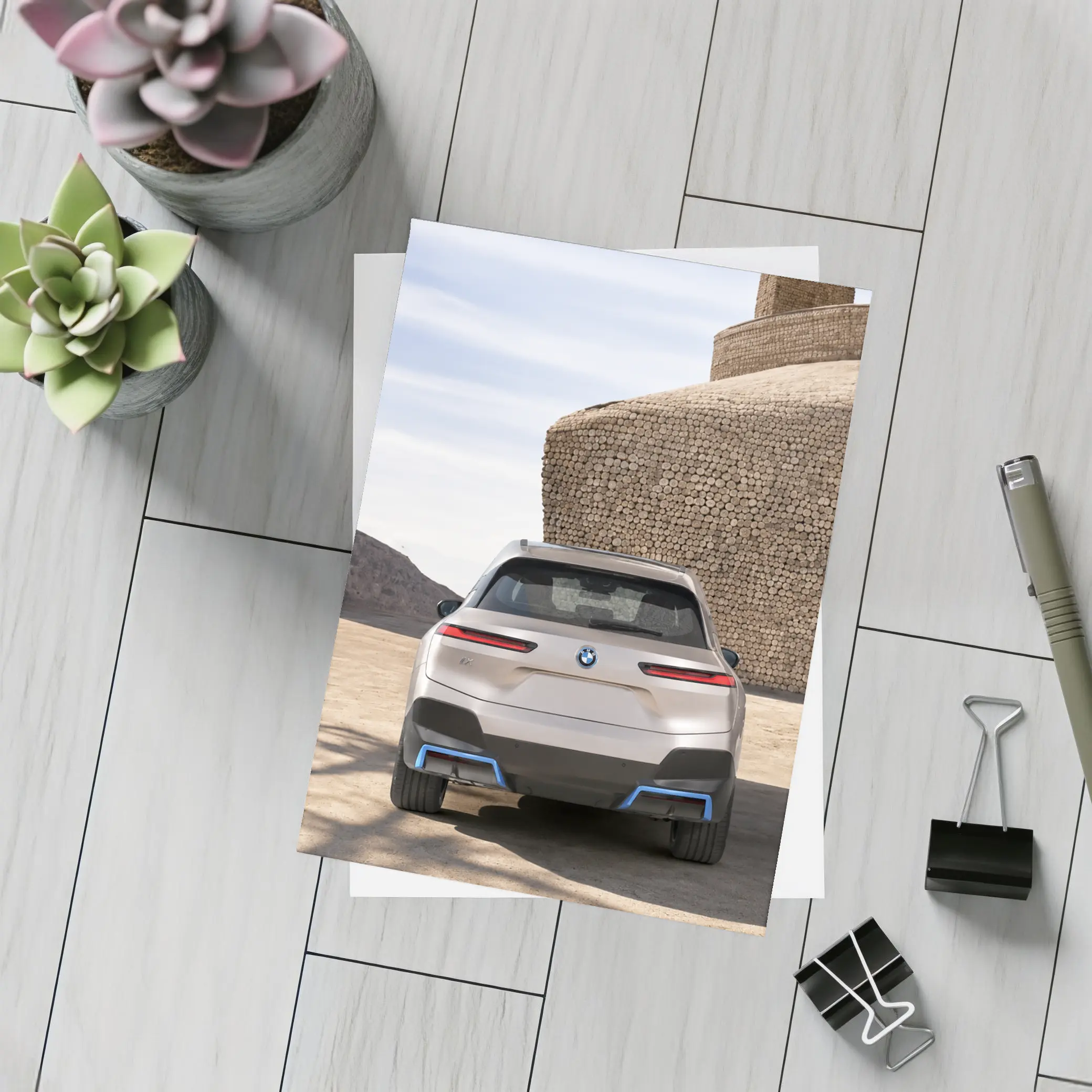 BMW iX Rear View Desert Stone Structure – Postcards