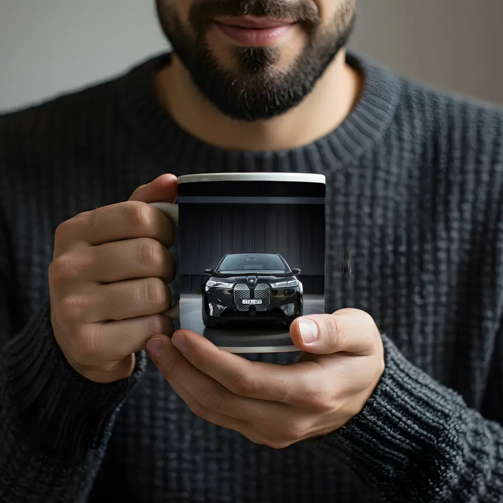 BMW iX Black Front View Dark Garage – Mugs