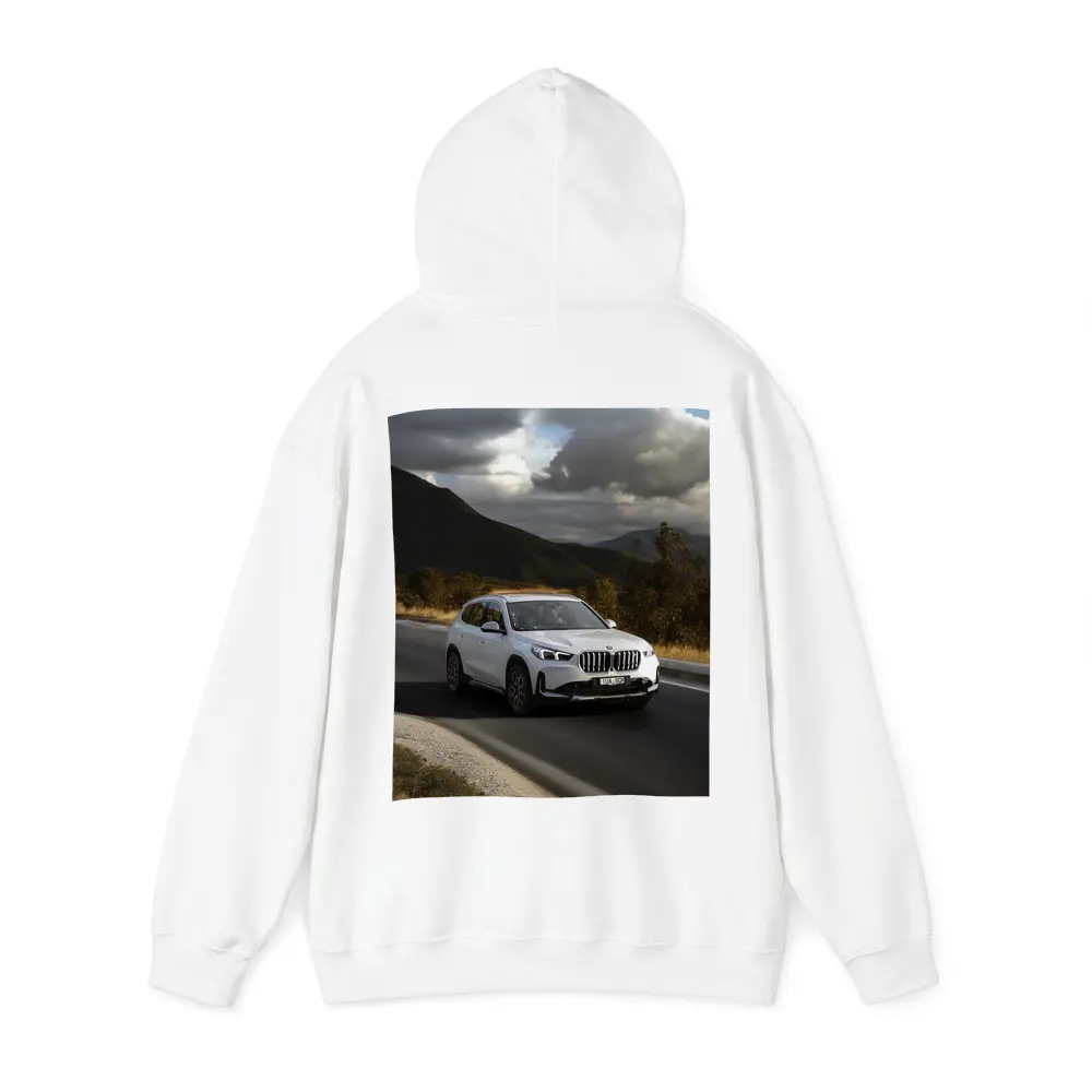 BMW X1 White SUV Mountain Road Drive – Hoodies