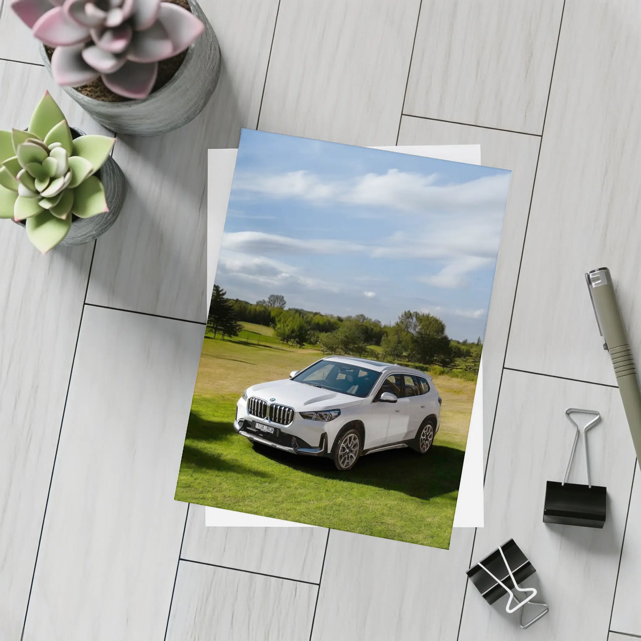 BMW X1 White SUV Green Countryside – Postcards
