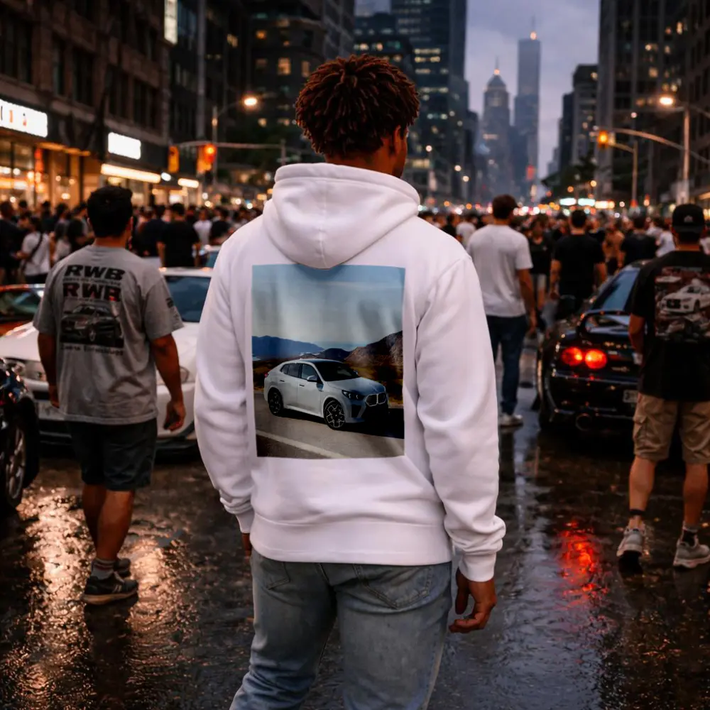 BMW iX2 White SUV Mountain Road – Hoodies