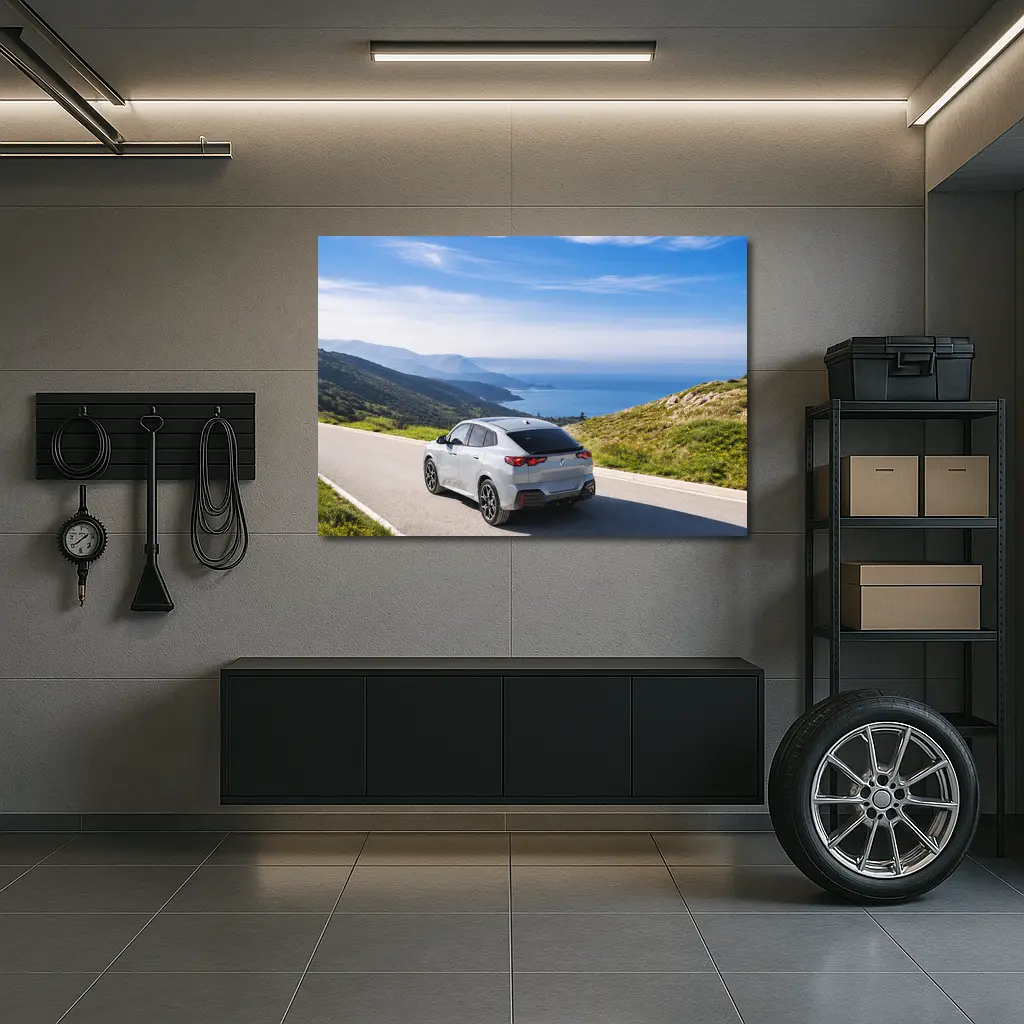 BMW iX2 Grey Rear Coastal Mountain Road – Wall Art