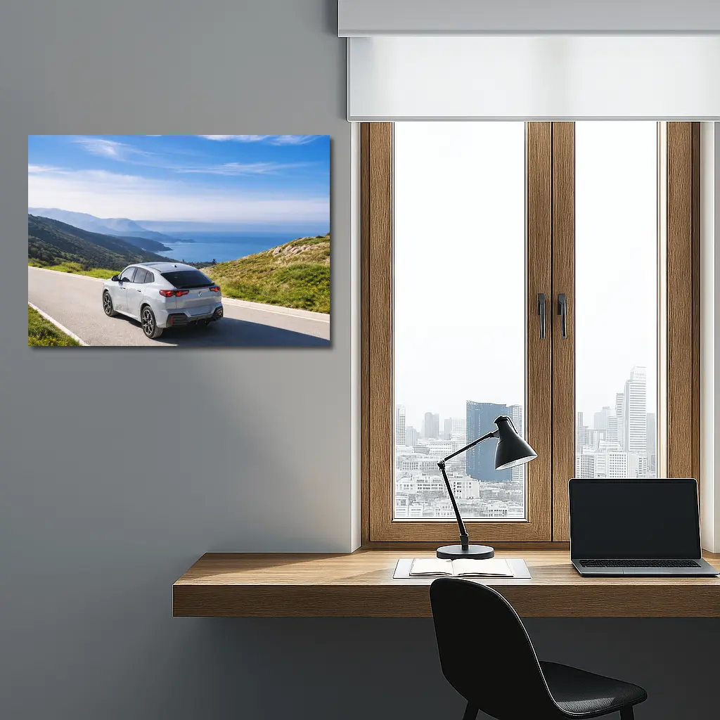 BMW iX2 Grey Rear Coastal Mountain Road – Wall Art