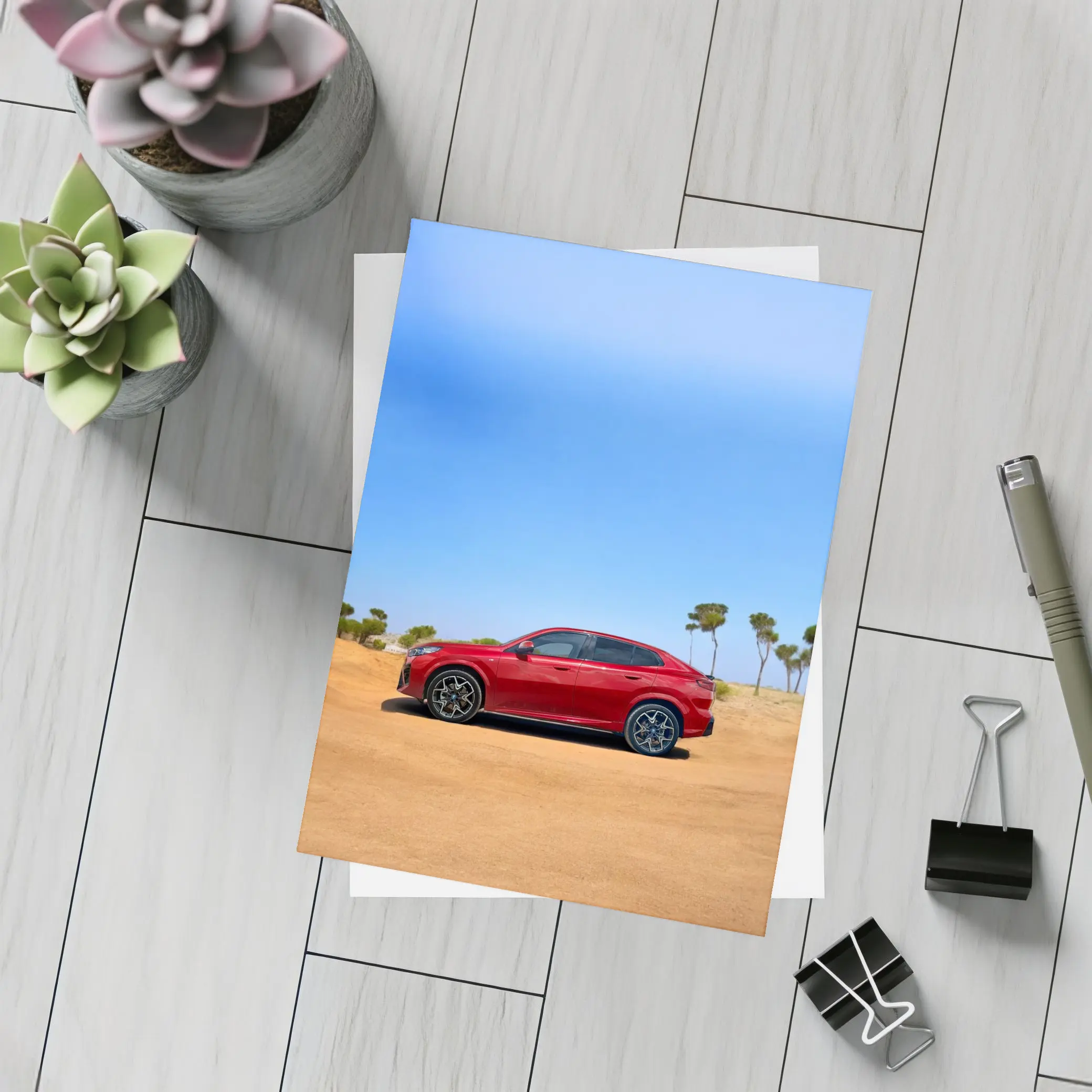 BMW iX2 Red Sandy Desert Blue Sky – Postcards