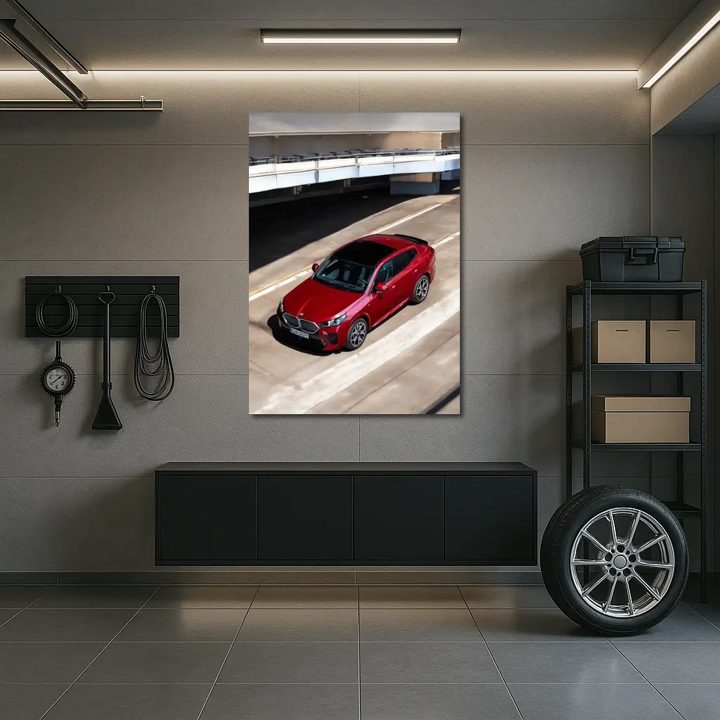 BMW iX2 Red Urban Parking Structure – Wall Art