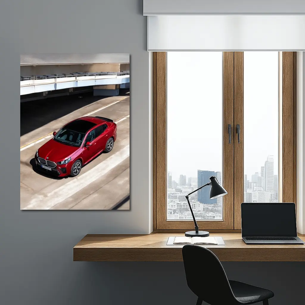 BMW iX2 Red Urban Parking Structure – Wall Art