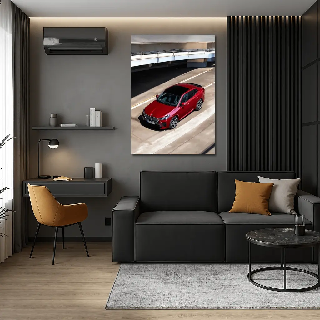 BMW iX2 Red Urban Parking Structure – Wall Art