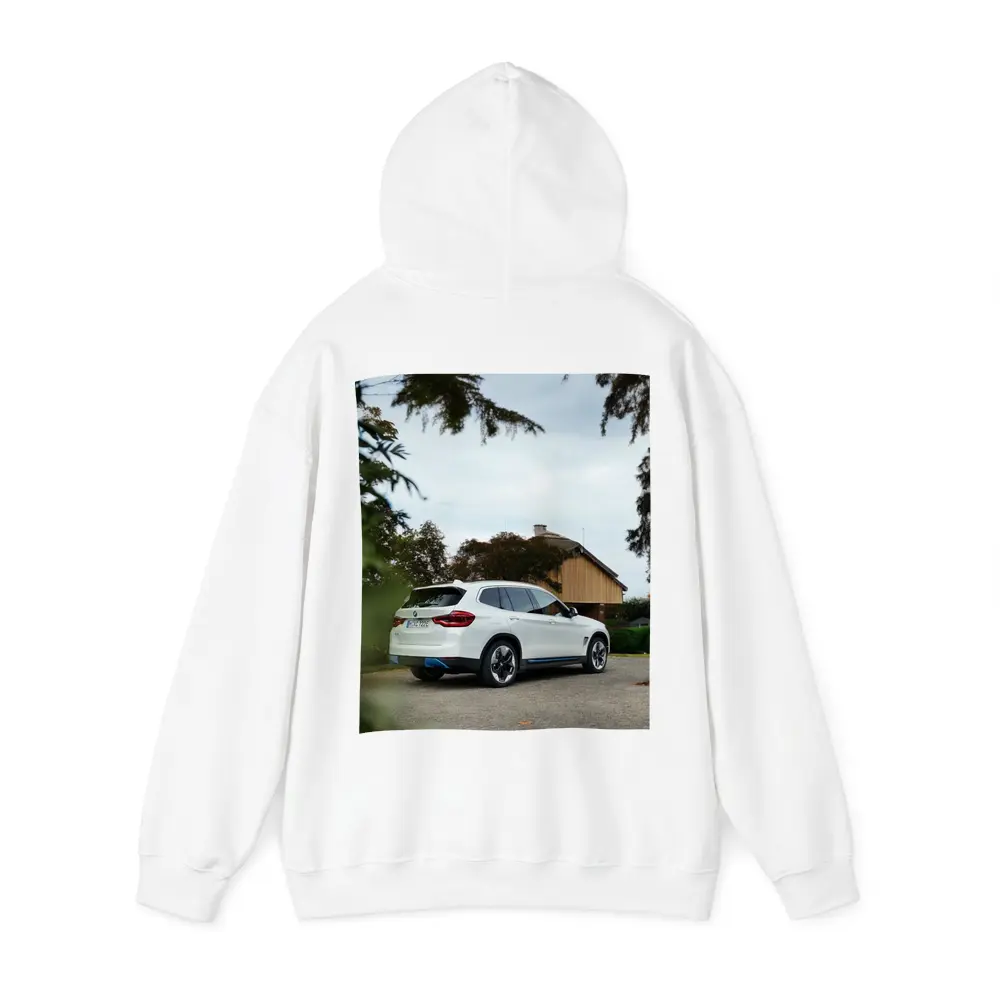 BMW iX3 White SUV Rural Driveway – Hoodies