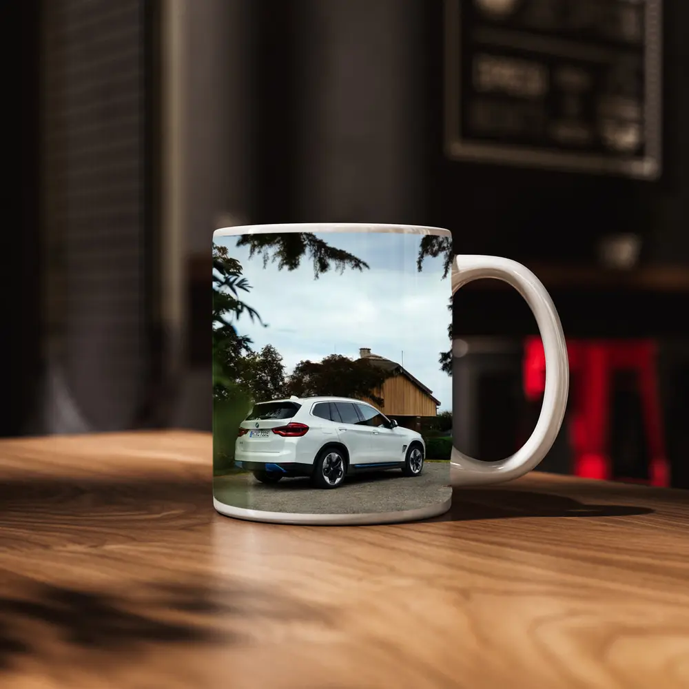BMW iX3 White SUV Rural Driveway – Mugs