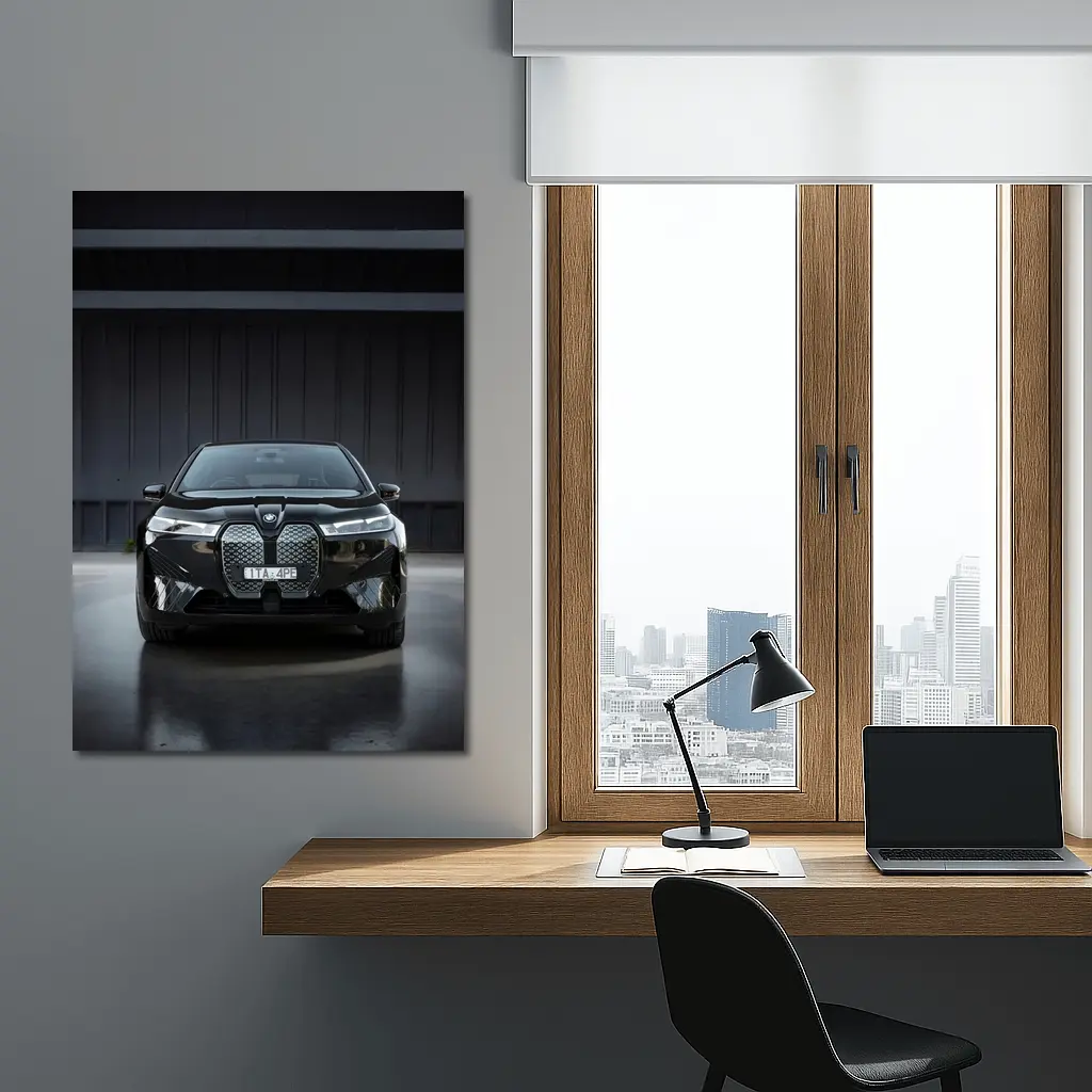 BMW iX Black Front View Dark Garage – Wall Art