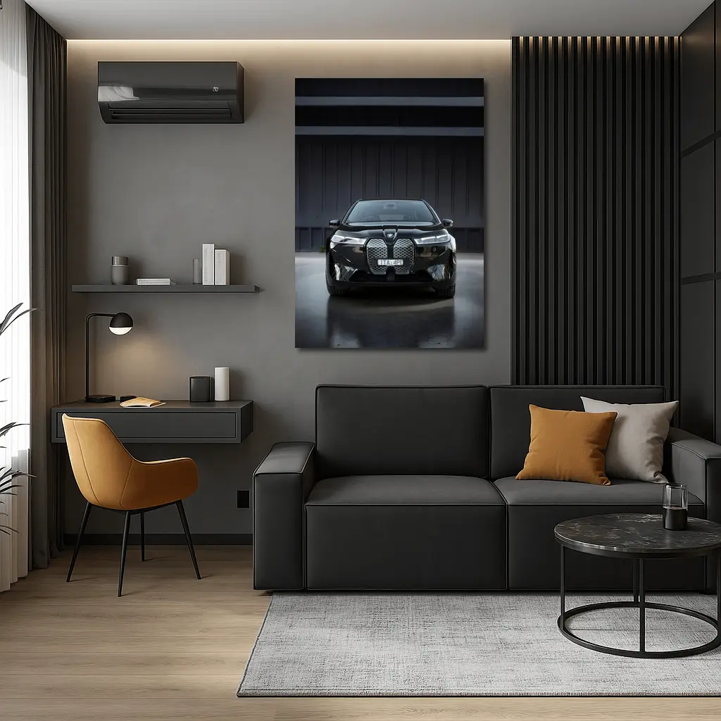 BMW iX Black Front View Dark Garage – Wall Art