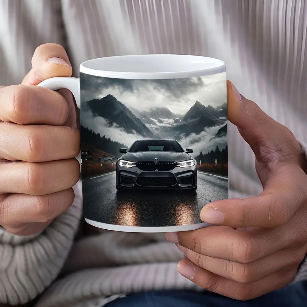 BMW M5 on Rainy Mountain Road – Mugs
