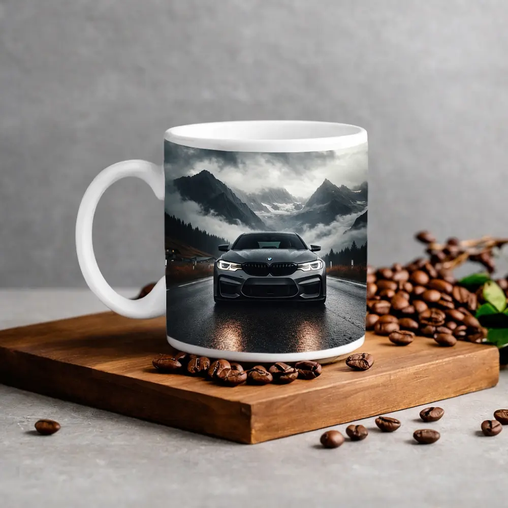 BMW M5 on Rainy Mountain Road – Mugs