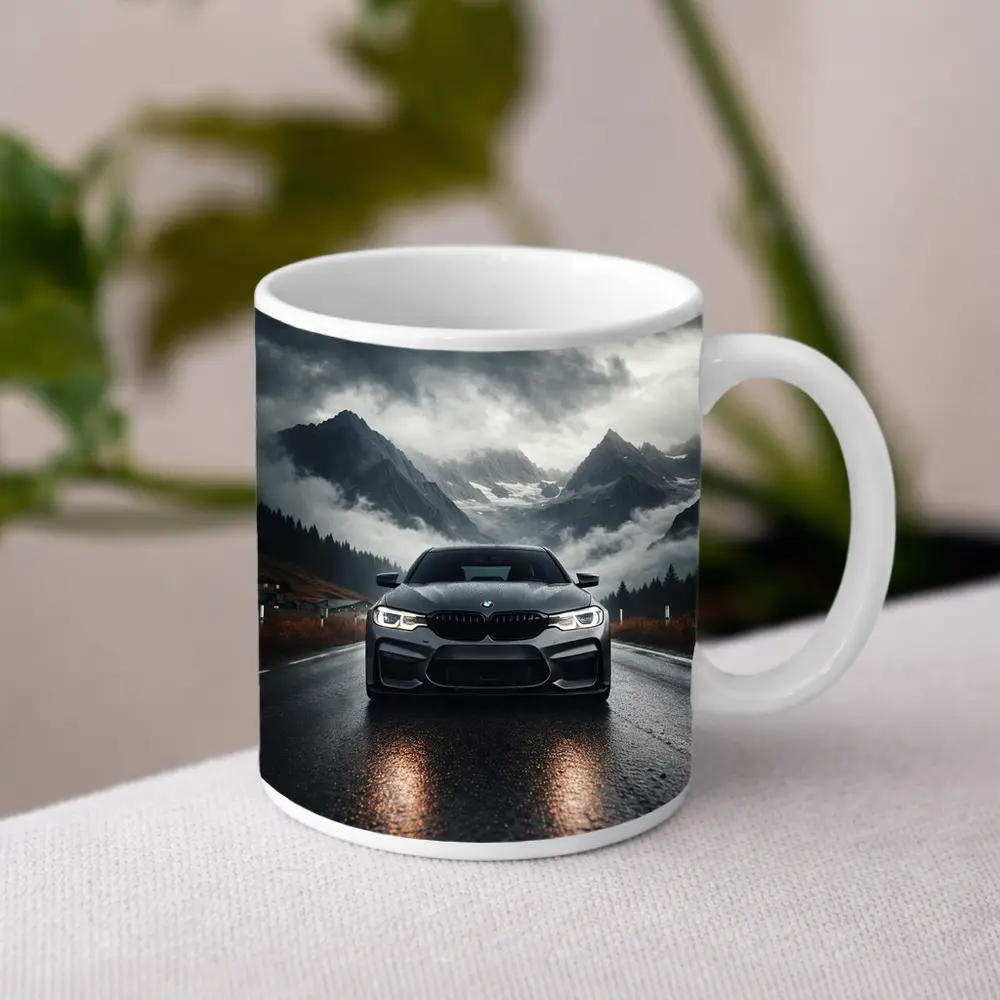 BMW M5 on Rainy Mountain Road – Mugs