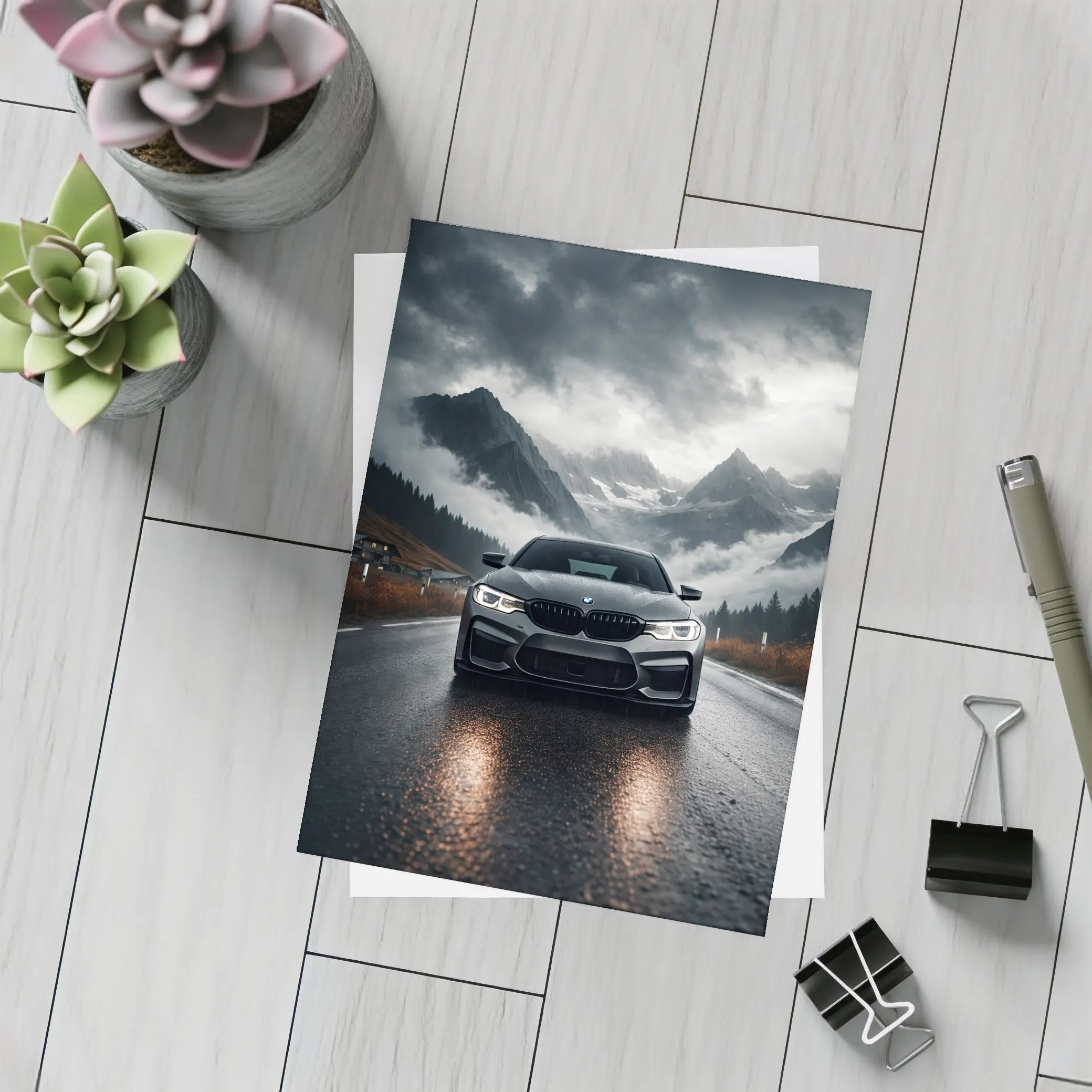 BMW M5 on Rainy Mountain Road – Postcards