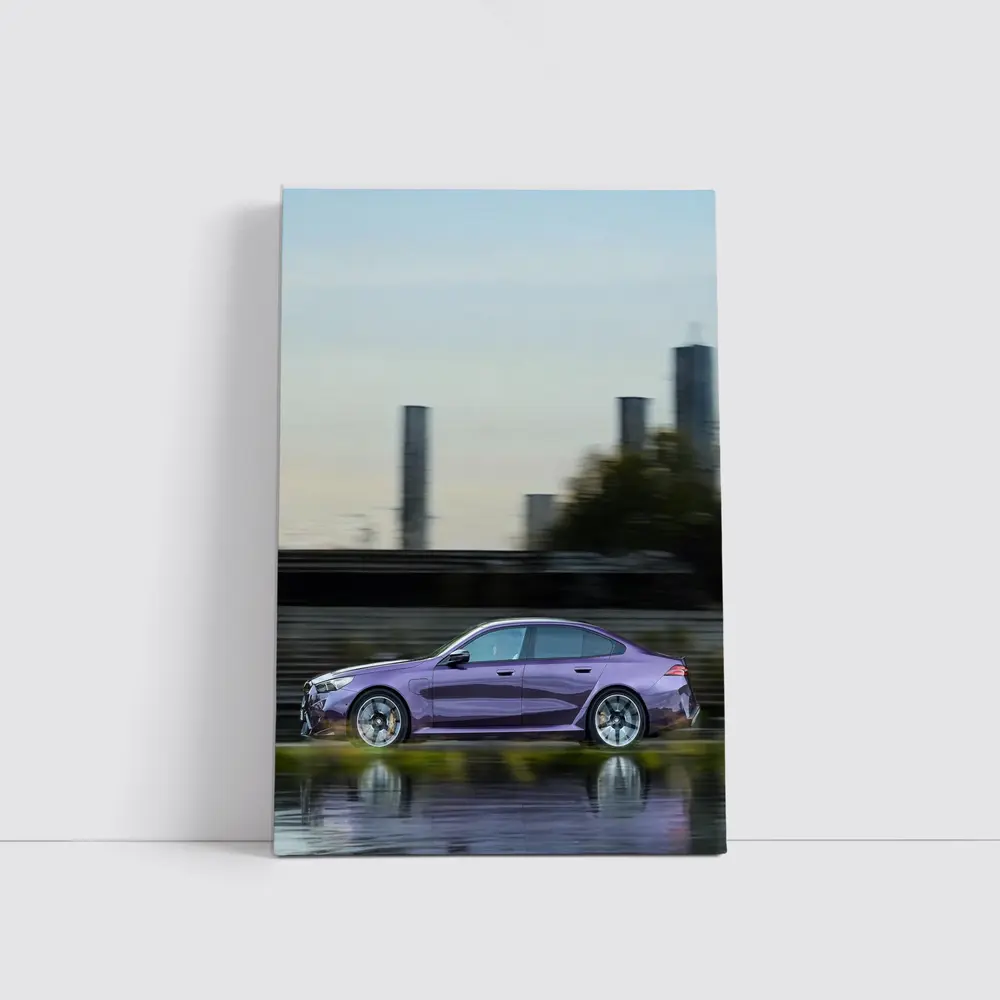 BMW M5 Purple Speeding Through City Streets – Wall Art