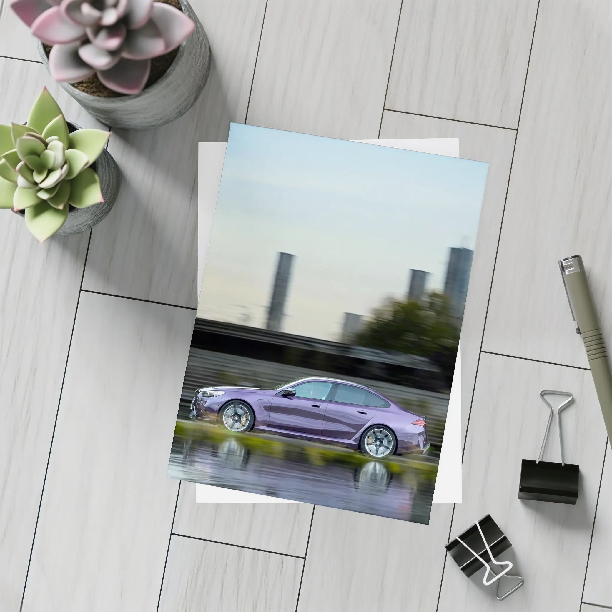 BMW M5 Purple Speeding Through City Streets – Postcards
