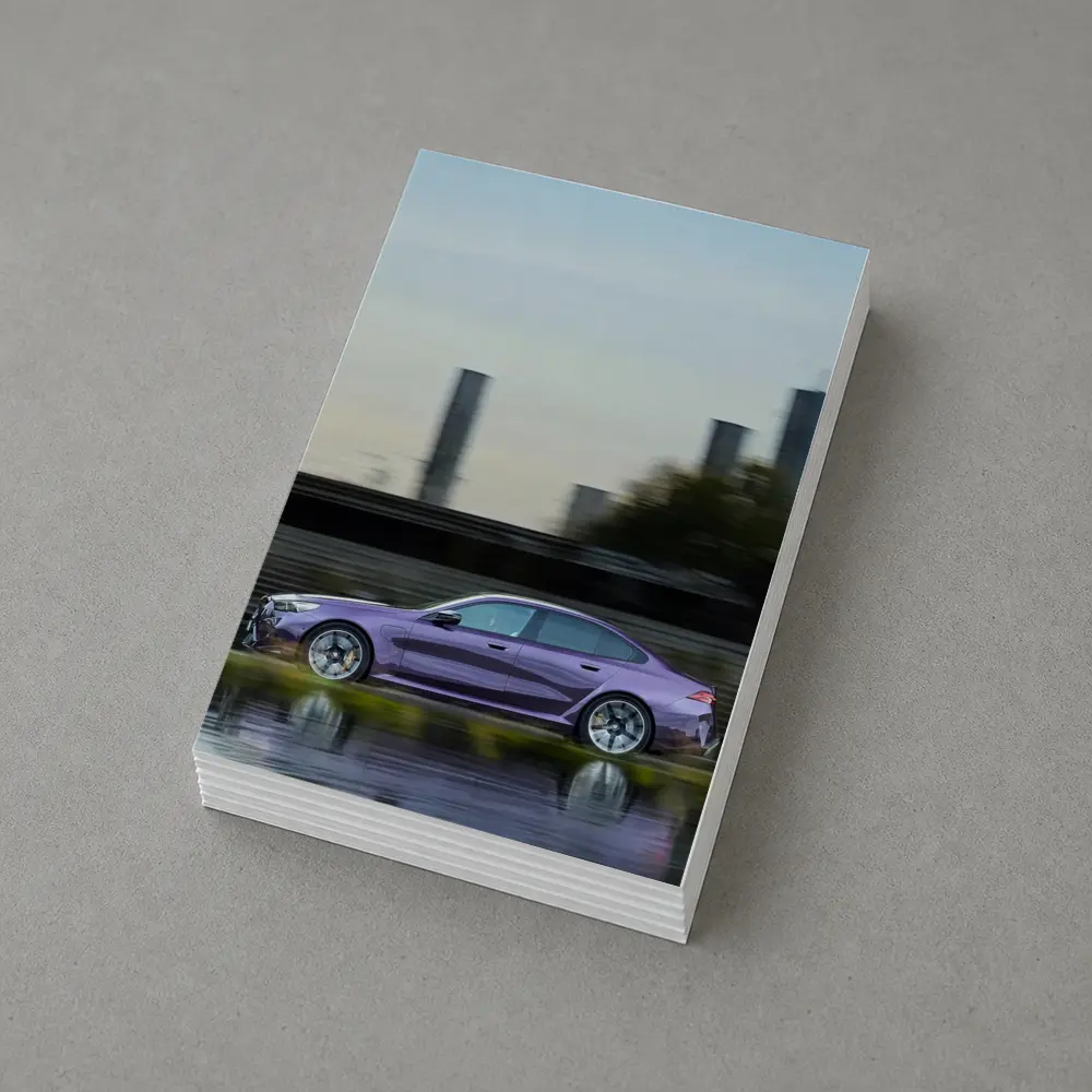 BMW M5 Purple Speeding Through City Streets – Postcards