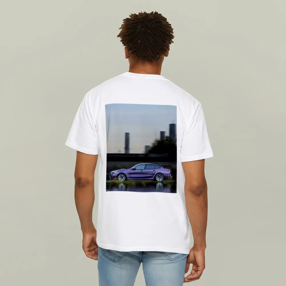 BMW M5 Purple Speeding Through City Streets – T-Shirts