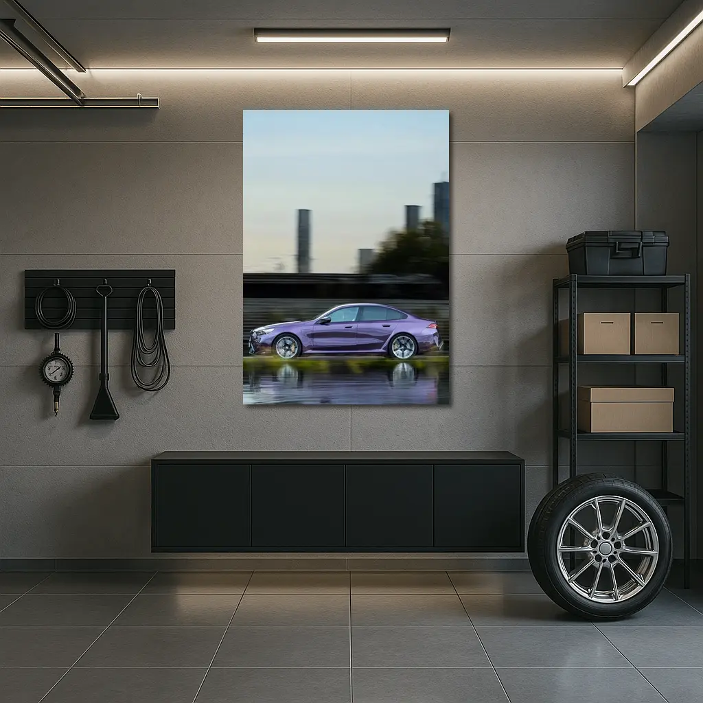 BMW M5 Purple Speeding Through City Streets – Wall Art