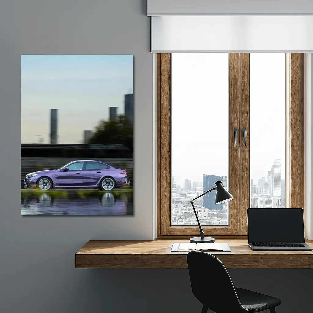 BMW M5 Purple Speeding Through City Streets – Wall Art