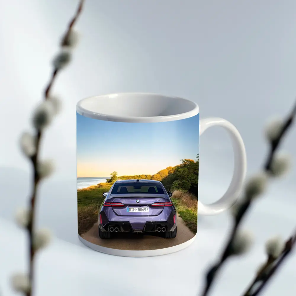 BMW M5 Rear View Coastal Road Sunset – Mugs