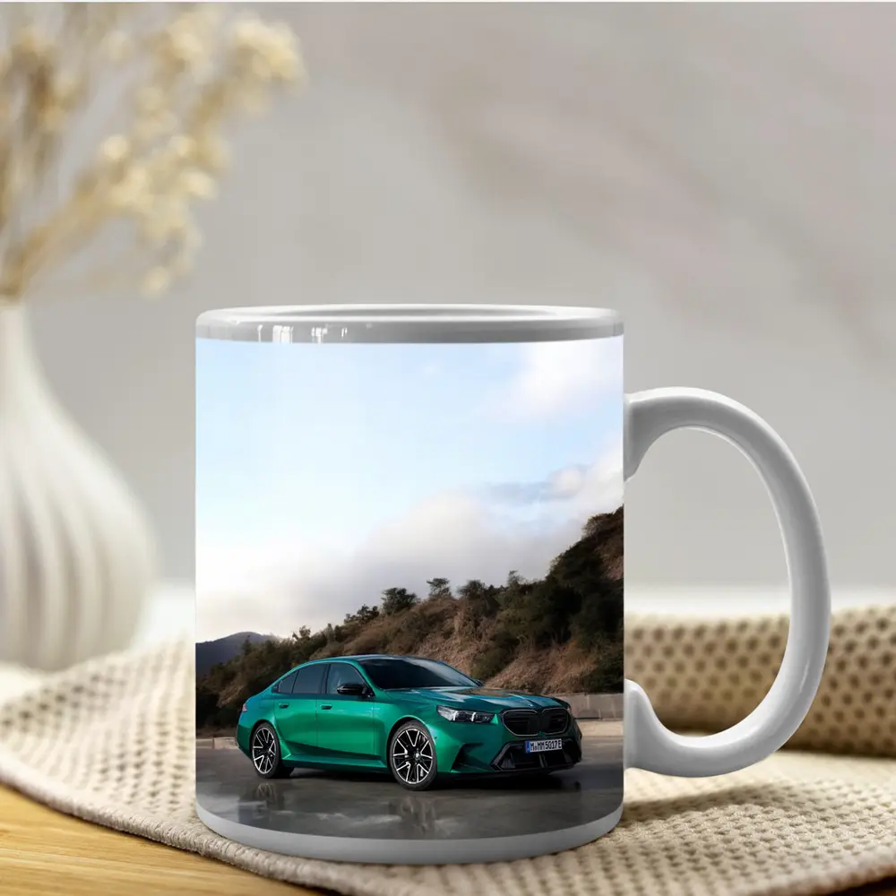 BMW M5 Green Sedan Hillside Setting – Mugs