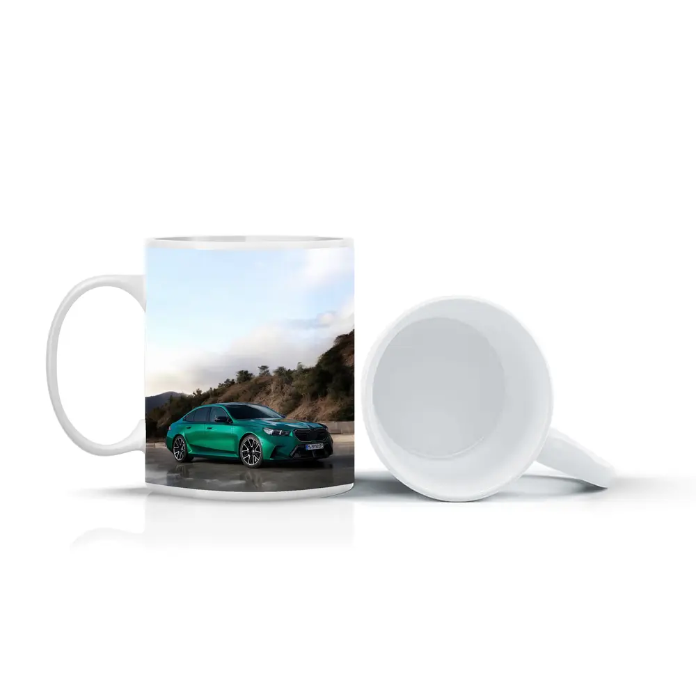 BMW M5 Green Sedan Hillside Setting – Mugs