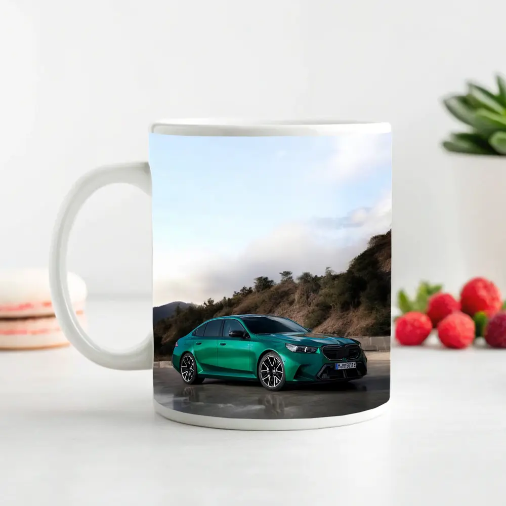BMW M5 Green Sedan Hillside Setting – Mugs