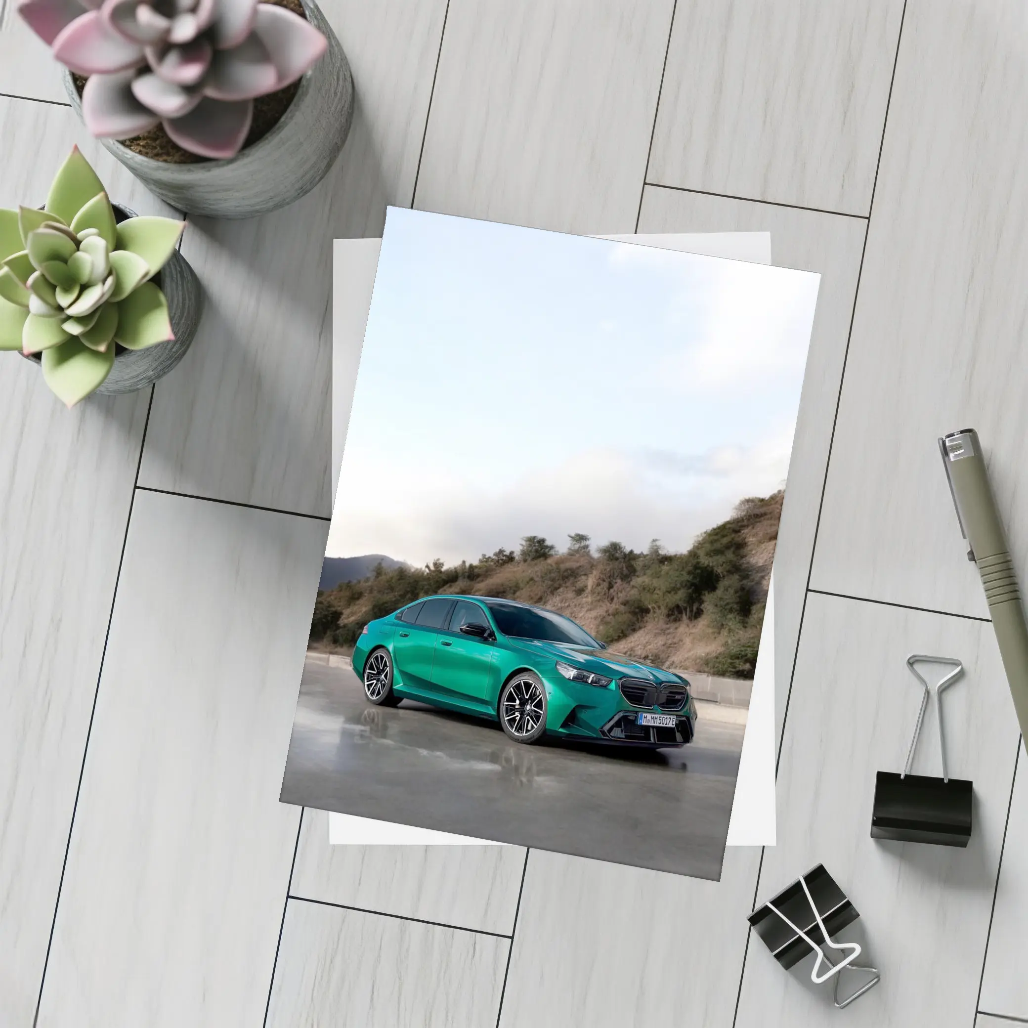 BMW M5 Green Sedan Hillside Setting – Postcards