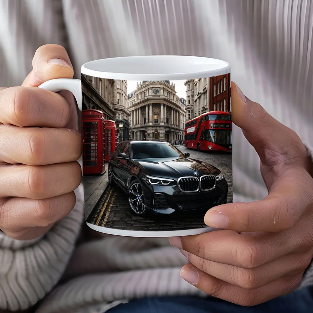 BMW X5 Black on London Cobblestone Street – Mugs