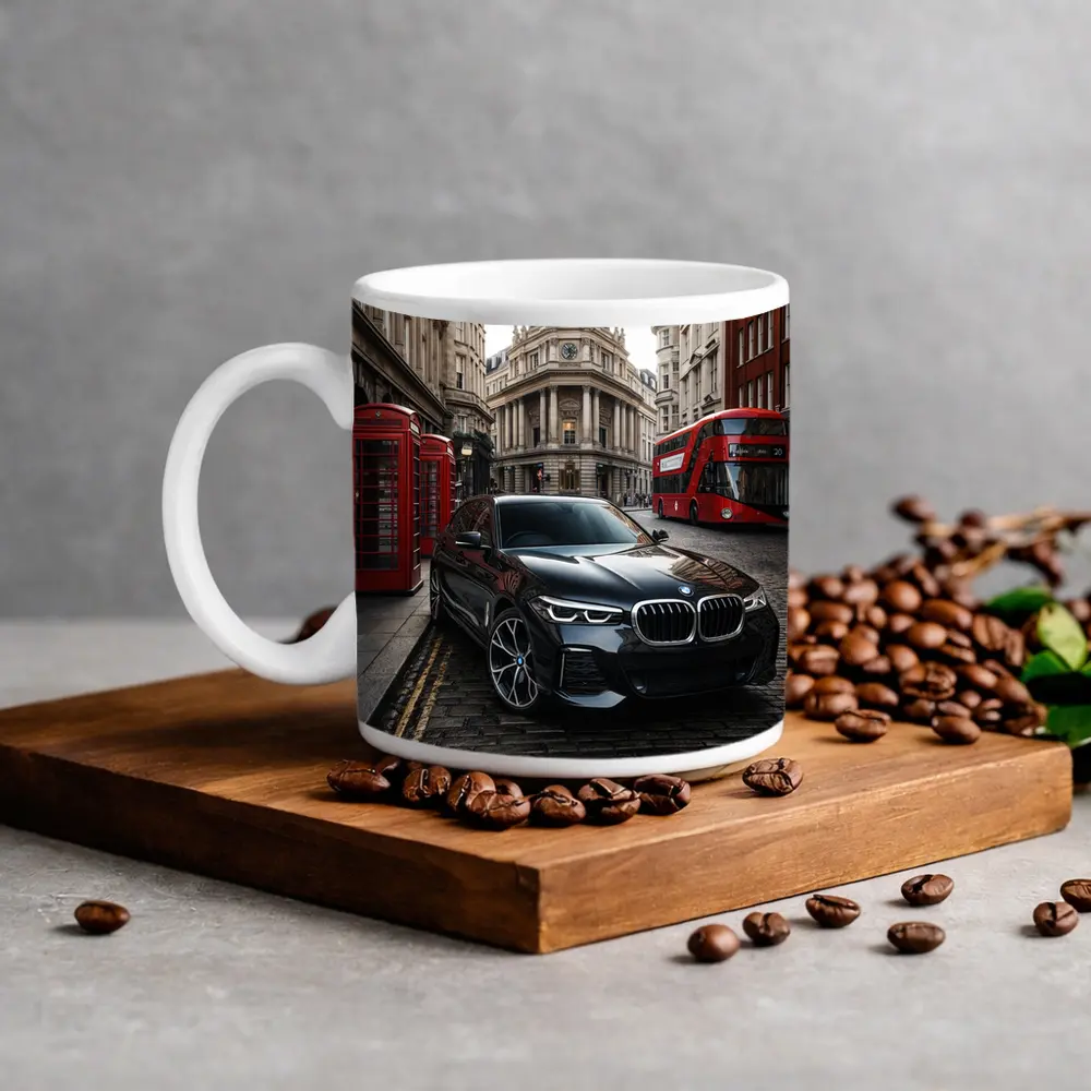 BMW X5 Black on London Cobblestone Street – Mugs
