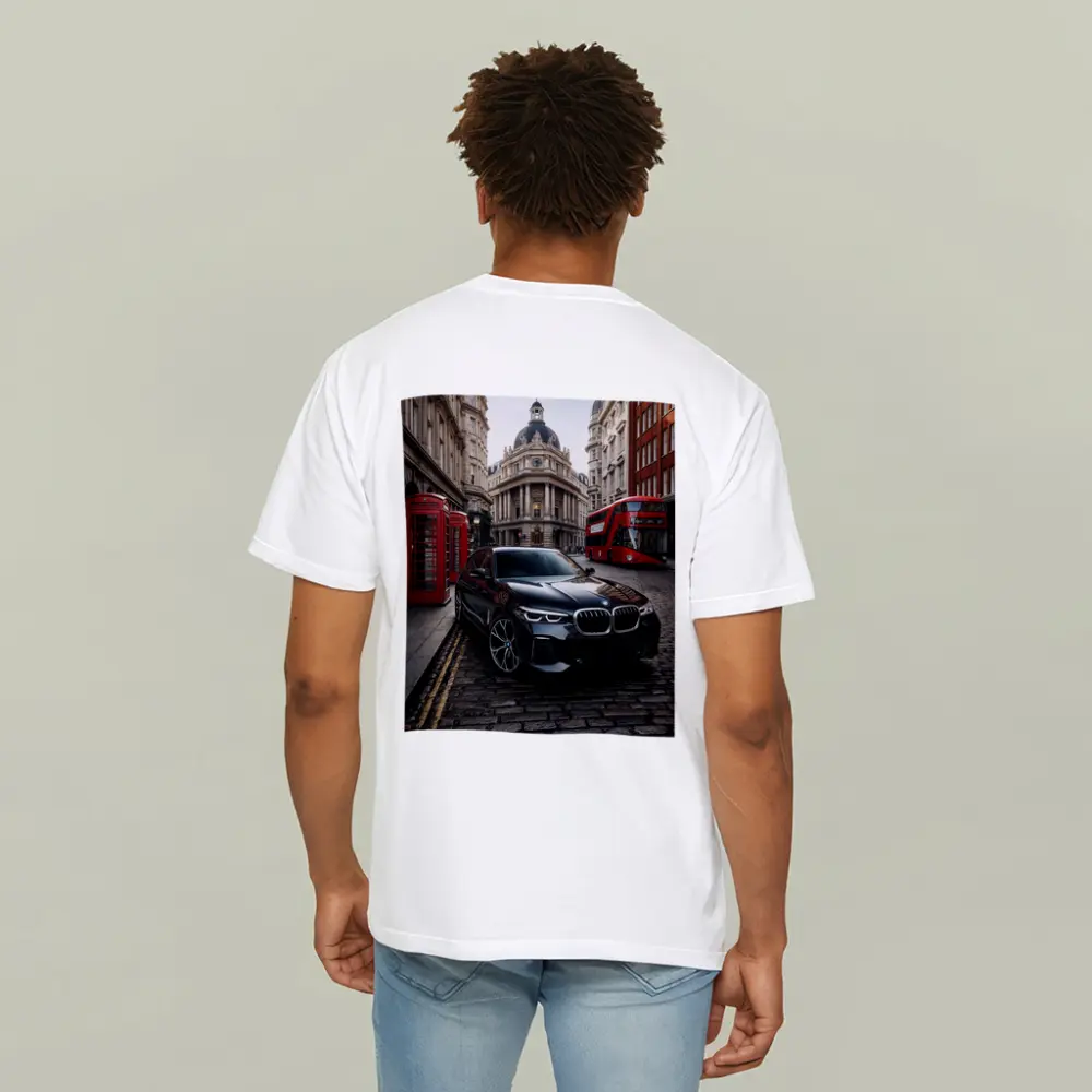 BMW X5 Black on London Cobblestone Street – T-Shirts