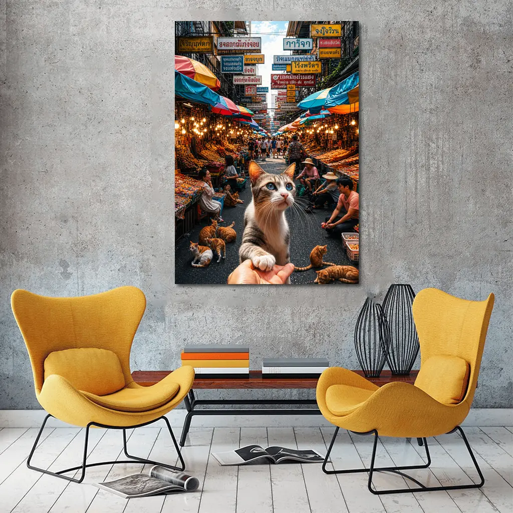 Curious Cat Bangkok Street Market Scene – Wall Art