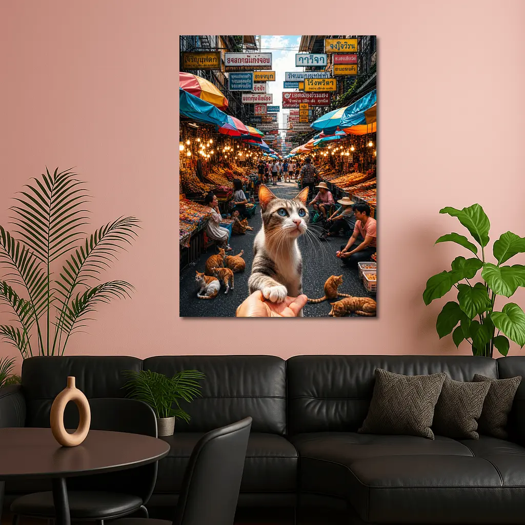 Curious Cat Bangkok Street Market Scene – Wall Art