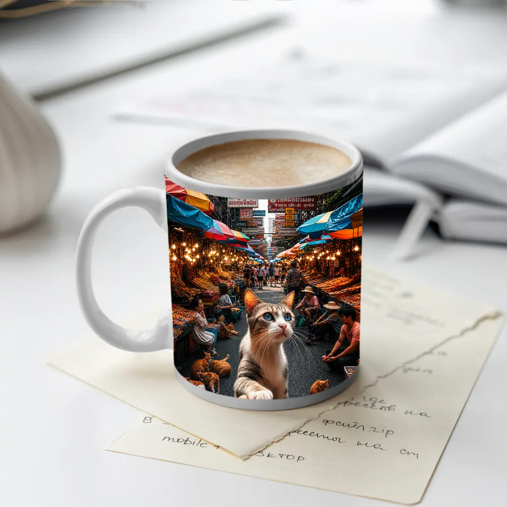 Curious Cat Bangkok Street Market Scene – Mugs