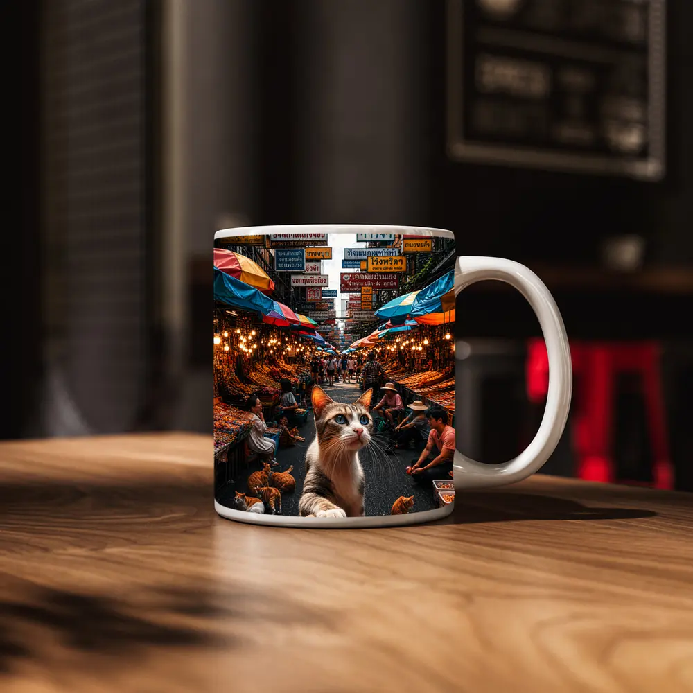 Curious Cat Bangkok Street Market Scene – Mugs