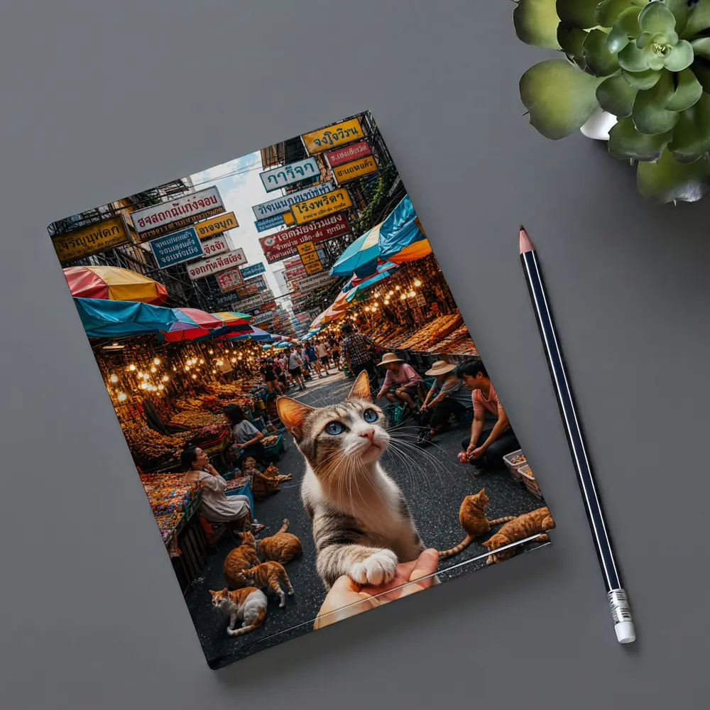 Curious Cat Bangkok Street Market Scene – Notebooks