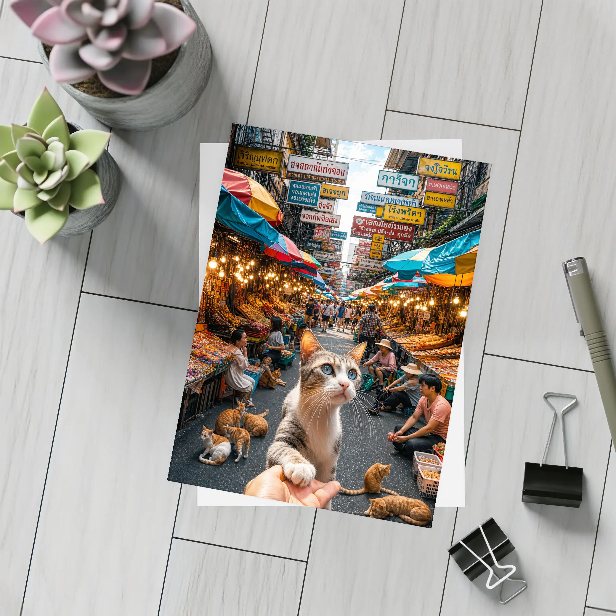 Curious Cat Bangkok Street Market Scene – Postcards