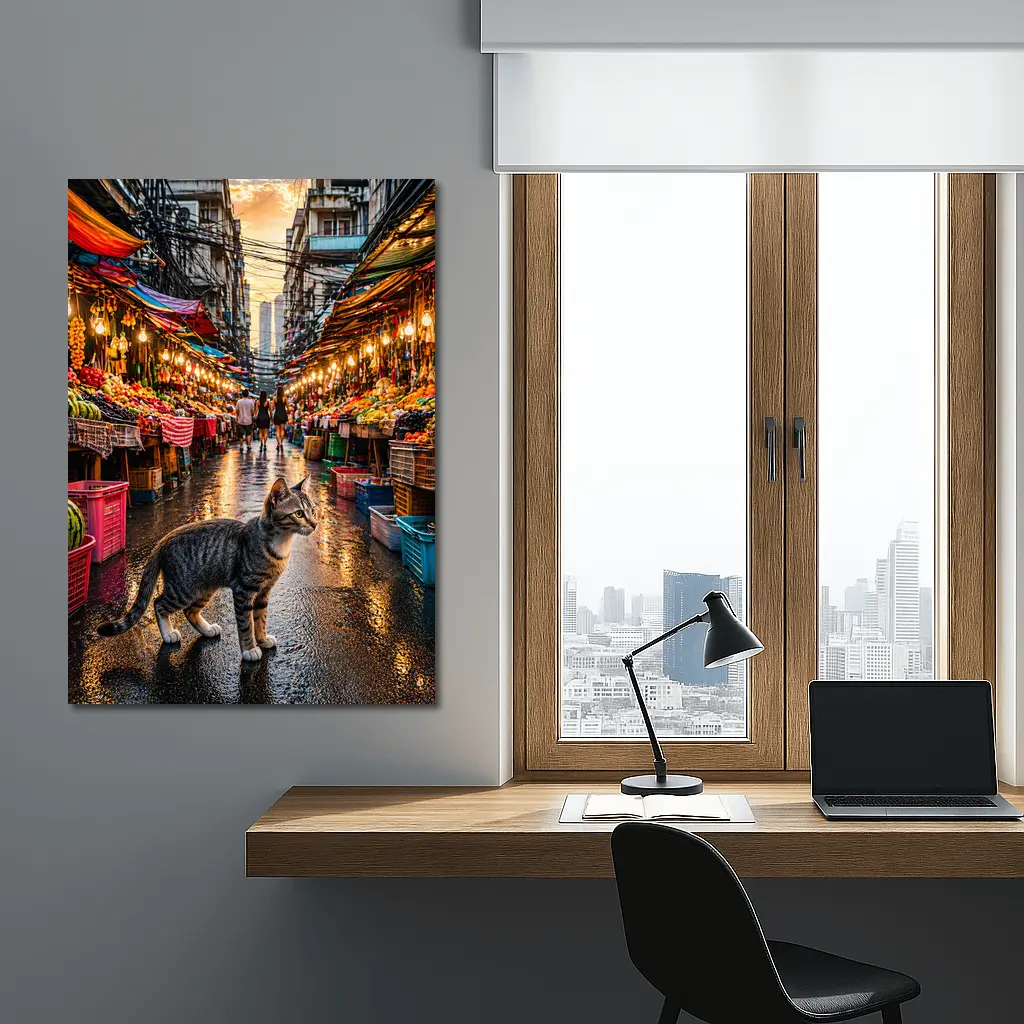 Tabby Cat Bangkok Street Market Sunset – Wall Art