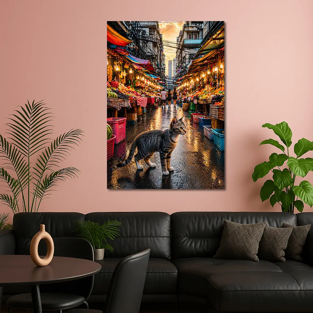 Tabby Cat Bangkok Street Market Sunset – Wall Art
