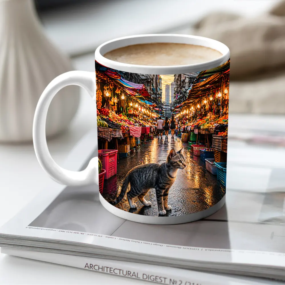 Tabby Cat Bangkok Street Market Sunset – Mugs