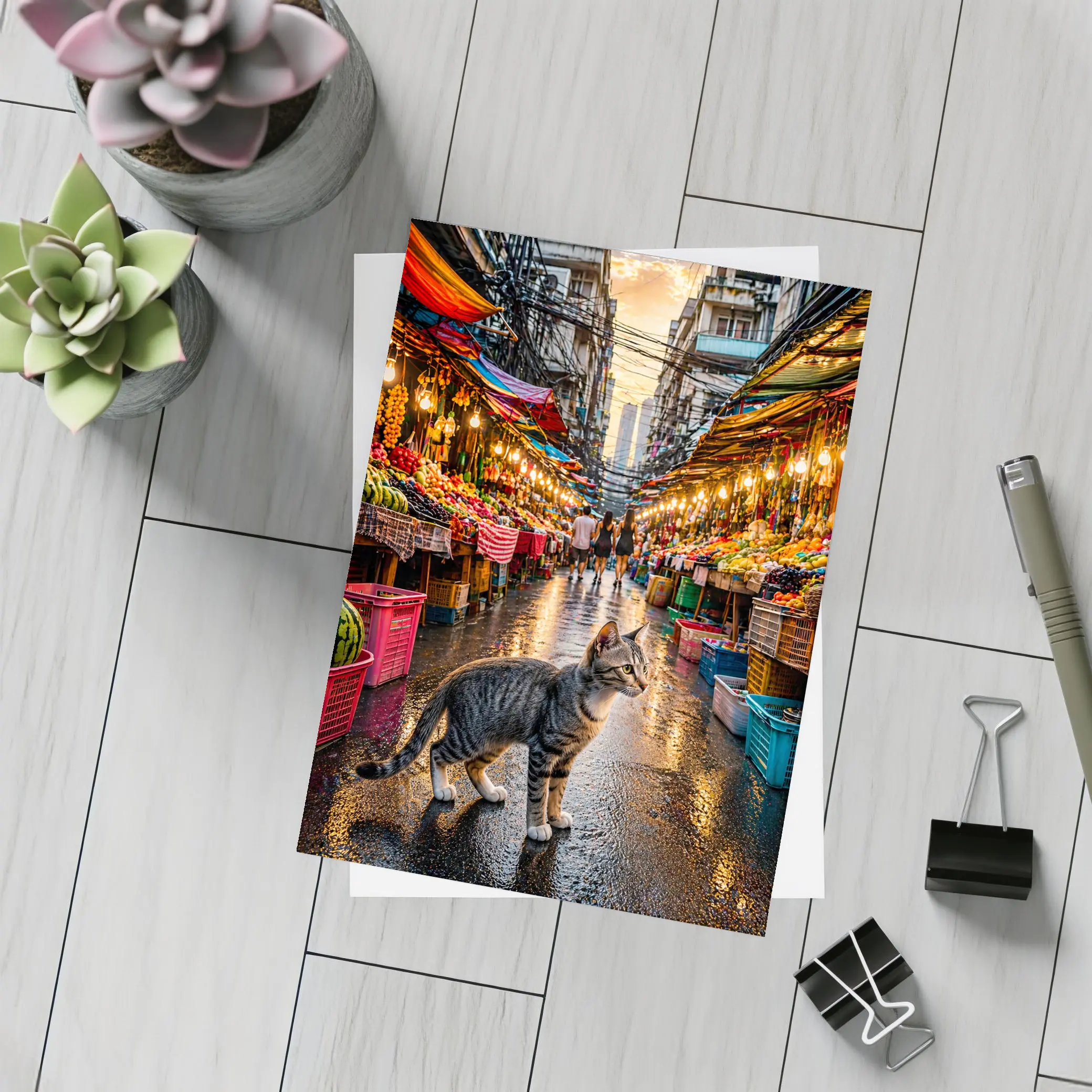 Tabby Cat Bangkok Street Market Sunset – Postcards