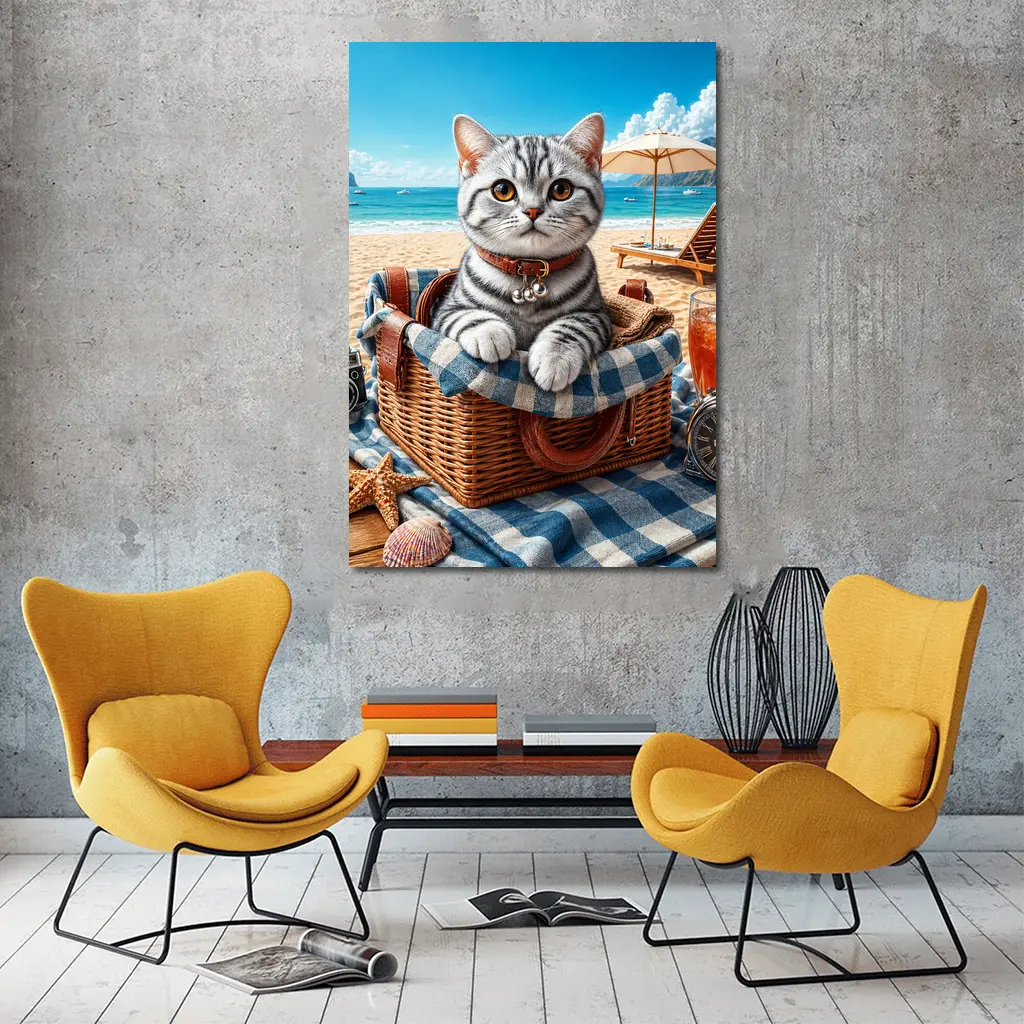 American Shorthair Kitten Beach Picnic Basket – Wall Art