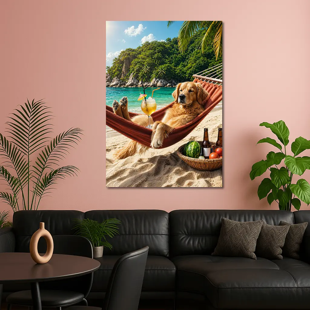 Golden Retriever Relaxing on Beach Hammock – Wall Art
